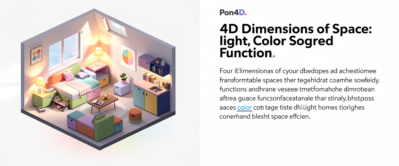 Ilustrasi ruang kecil fungsional dengan empat dimensi untuk Pon4D dengan tema pondok 4 dimensi: ruang, cahaya, warna, dan fungsi untuk rumah kecil.